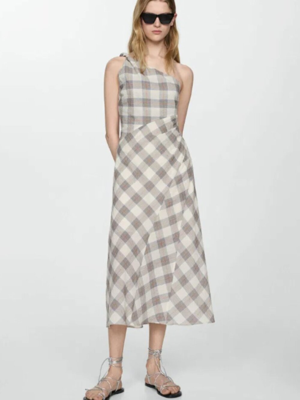Casidy Checked Asymmetrical Midi Dress - Plaid One Shoulder Dress